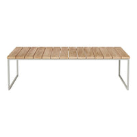 Light wood slatted coffee table with a sleek silver metal frame, featuring a minimalist design ideal for modern decor.