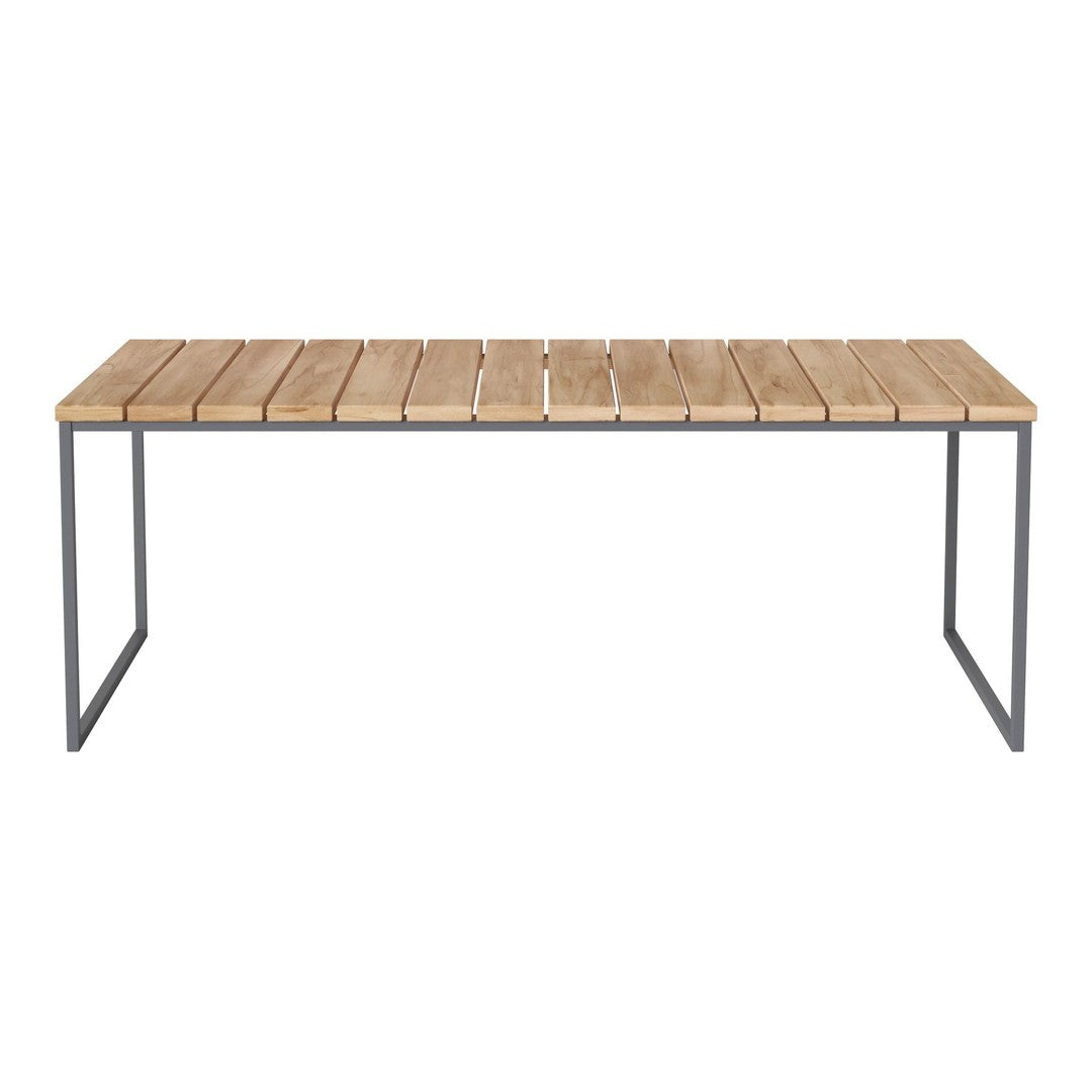 Light natural wood table with a slatted design and sleek black metal legs. Perfect for modern decor.