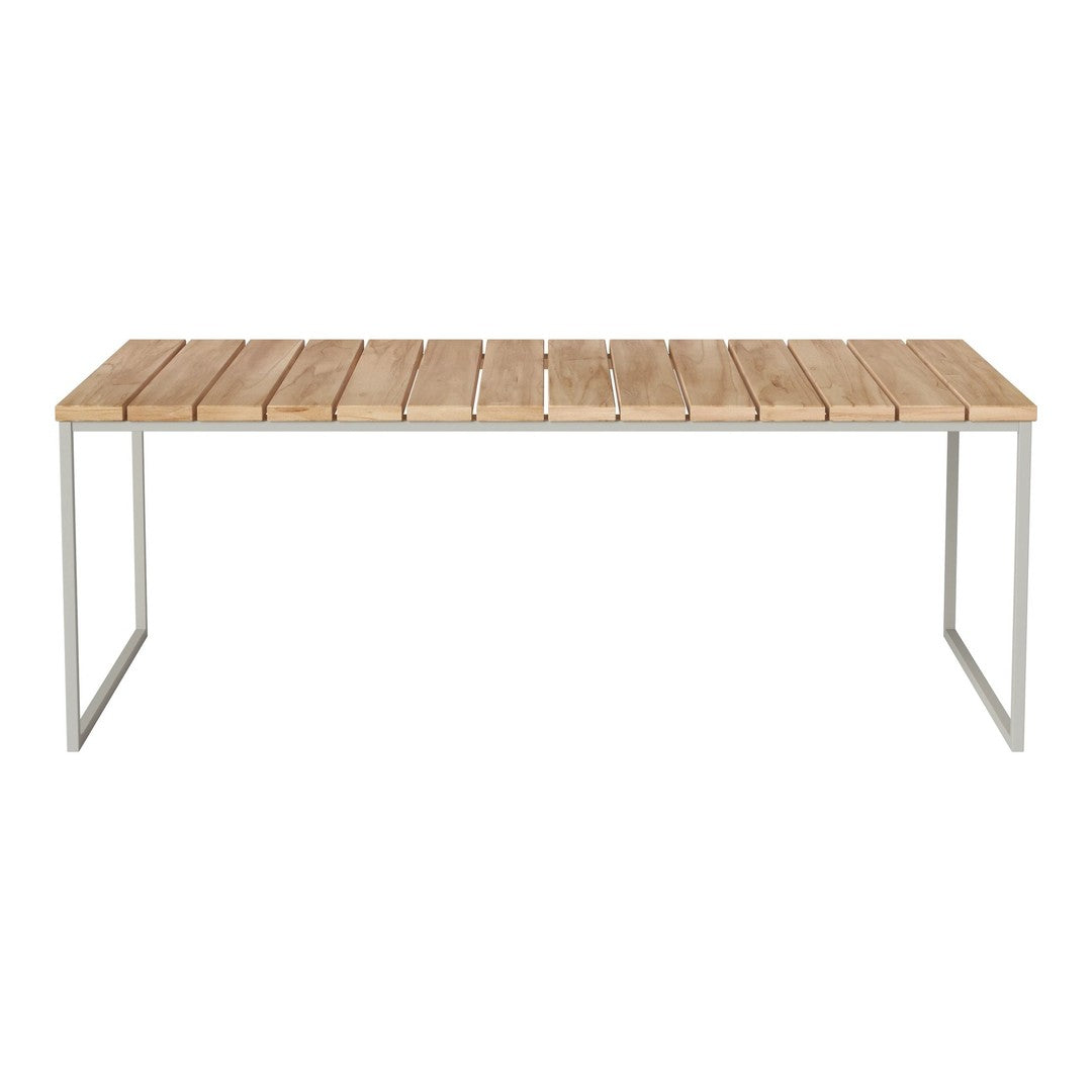 Wooden slatted table with natural beige finish and sleek silver metal legs, perfect for modern outdoor decor.