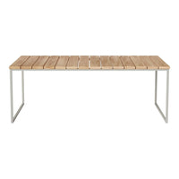 Wooden slatted table with natural beige finish and sleek silver metal legs, perfect for modern outdoor decor.