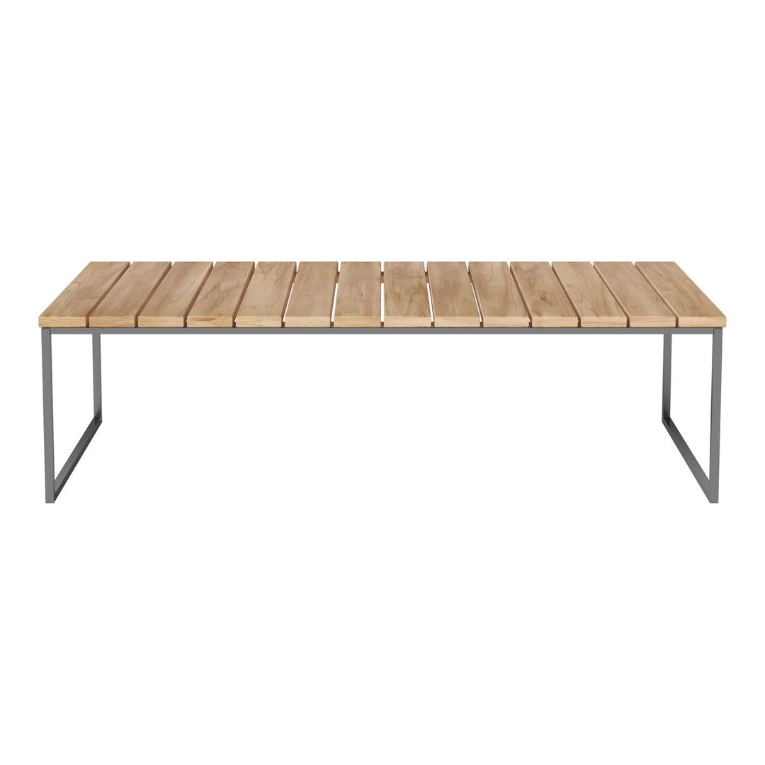 Light wood slatted tabletop with a natural finish, complemented by sleek black metal legs. Modern and minimalist design.