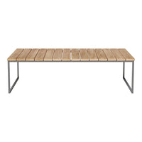 Light wood slatted tabletop with a natural finish, complemented by sleek black metal legs. Modern and minimalist design.