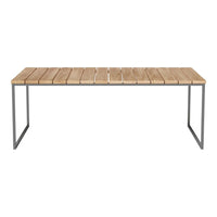 Natural wood tabletop with horizontal slats, paired with a sleek black metal frame. Stylish and modern design.