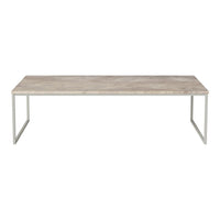 Light gray wooden tabletop with subtle grain pattern, supported by sleek silver metal legs.