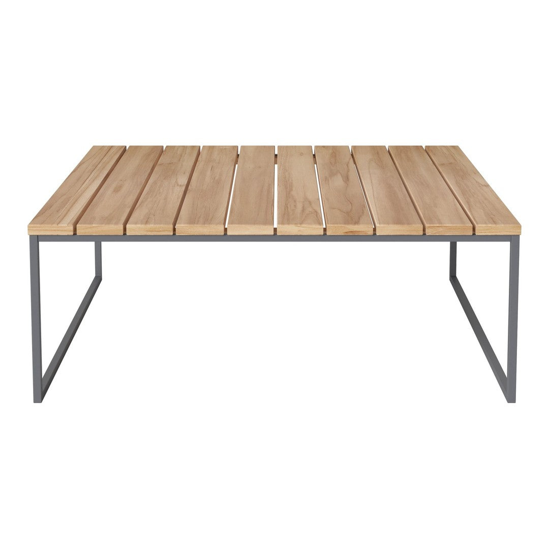 Natural wood slats in warm beige atop a sleek gray metal frame, showcasing a minimalist, modern design.