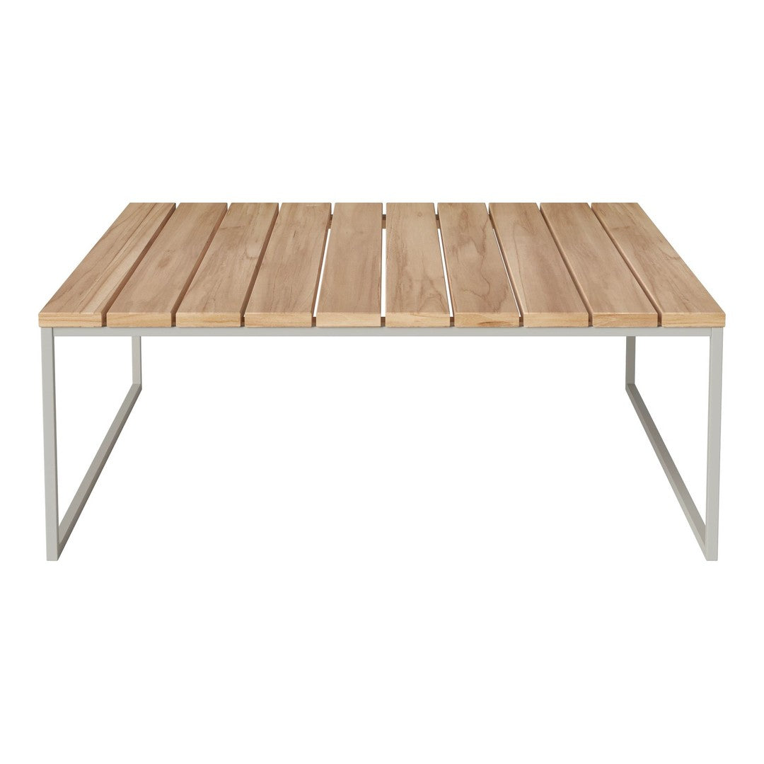 Natural wood finish with light brown slats and sleek silver metal frame. Simple, minimalist design.