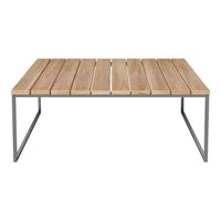 Natural wood finish with slatted design and sleek gray metal legs for a modern look. Perfect for contemporary spaces.