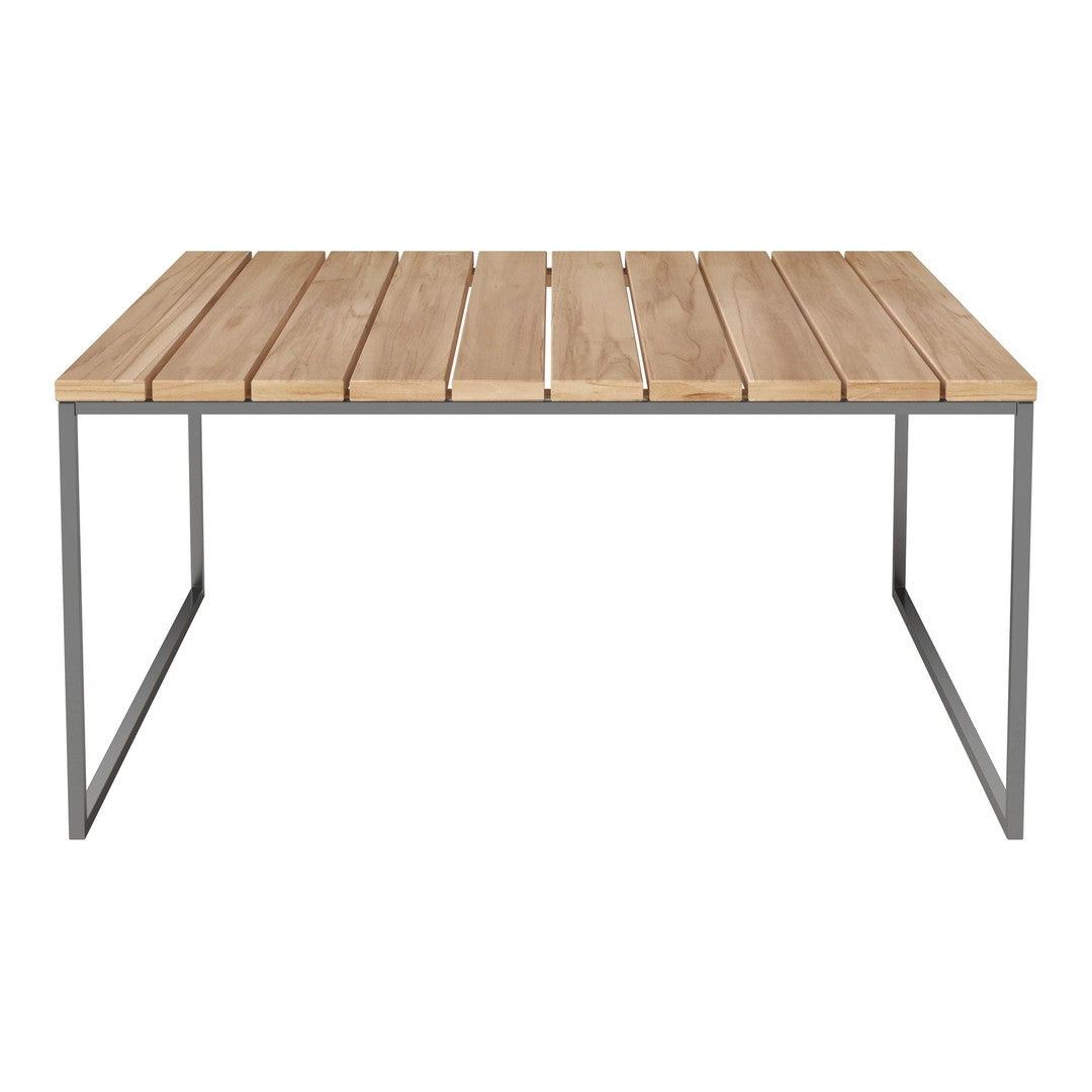 "Light wood slat tabletop with a sleek gray metal frame, perfect for modern outdoor or indoor settings."