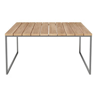 "Light wood slat tabletop with a sleek gray metal frame, perfect for modern outdoor or indoor settings."