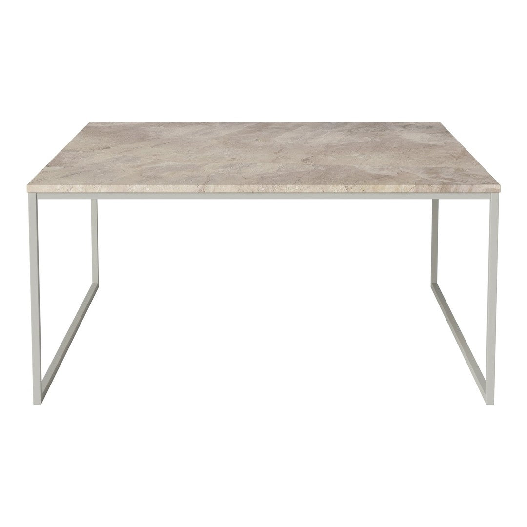 Rectangular table with a light gray, textured surface and a sleek, minimalist silver metal frame.