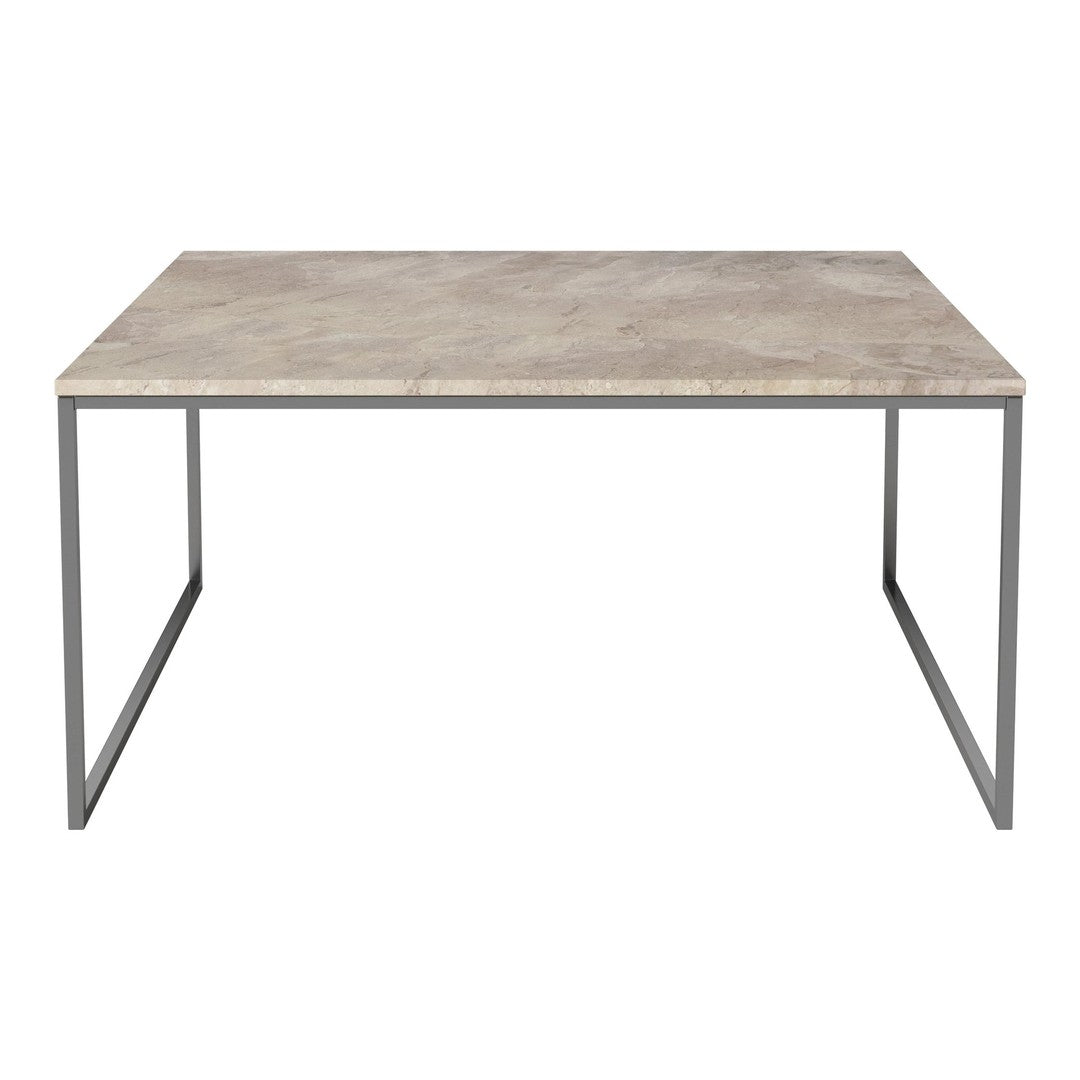 Gray stone top table with a minimalist silver metal frame design. Perfect for modern decor.