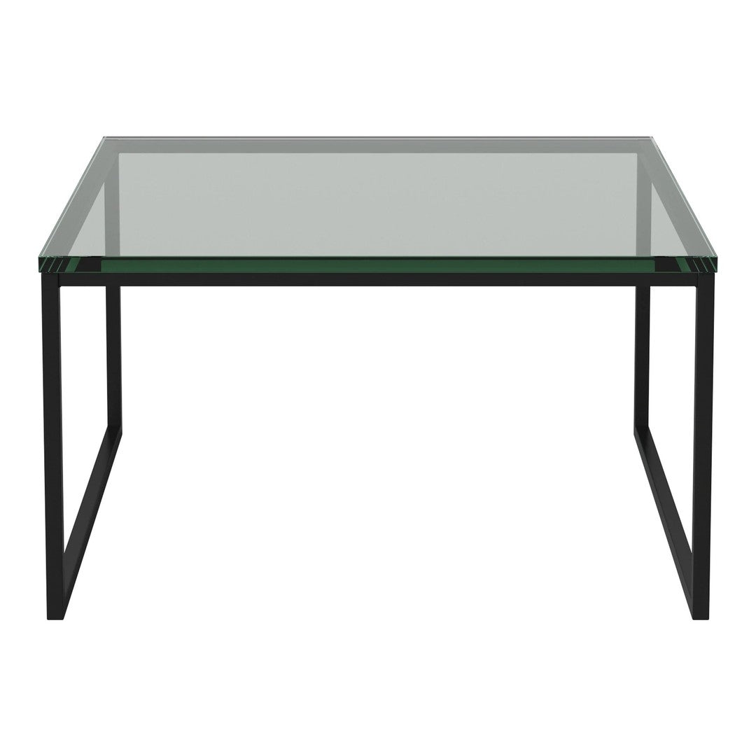 "Modern square coffee table with a sleek black frame and clear glass top."