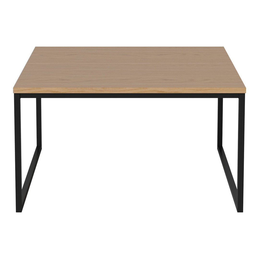 Natural wood grain tabletop with a sleek black metal frame, modern and minimalist design. Perfect for any space.