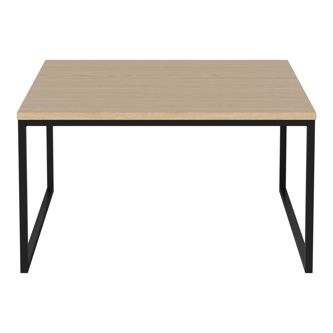 Light wood tabletop with a smooth finish, complemented by a sleek black metal frame. 