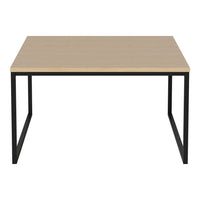 Light wood tabletop with a smooth finish, complemented by a sleek black metal frame. 