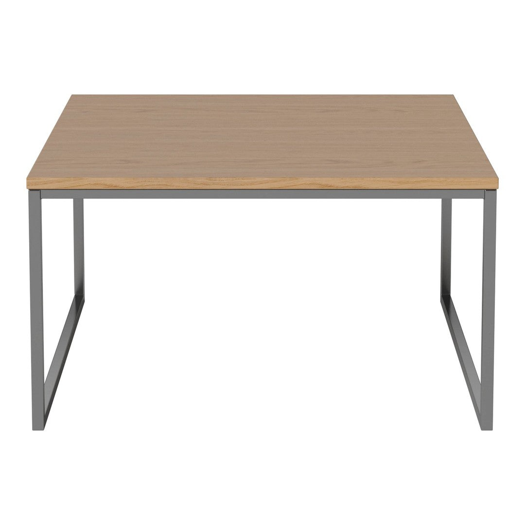 Light wood tabletop with a subtle grain pattern, paired with sleek gray metal legs for a modern look.