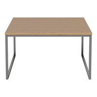 Light wood tabletop with a subtle grain pattern, paired with sleek gray metal legs for a modern look.