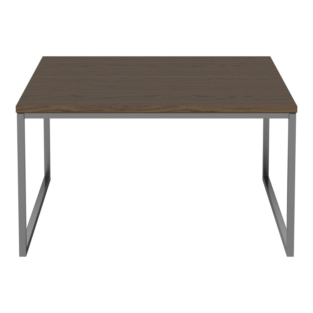 Square table with a rich brown wood top and sleek silver metal legs, featuring a minimalist design.