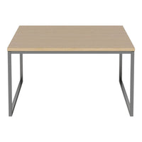 Light wood tabletop with a smooth finish, paired with a sleek gray metal frame in a minimalist design.