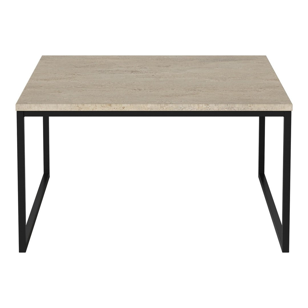 Light beige tabletop with a smooth texture, supported by a sleek black metal frame. Minimalist design for modern decor.