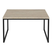 Light beige tabletop with a smooth texture, supported by a sleek black metal frame. Minimalist design for modern decor.