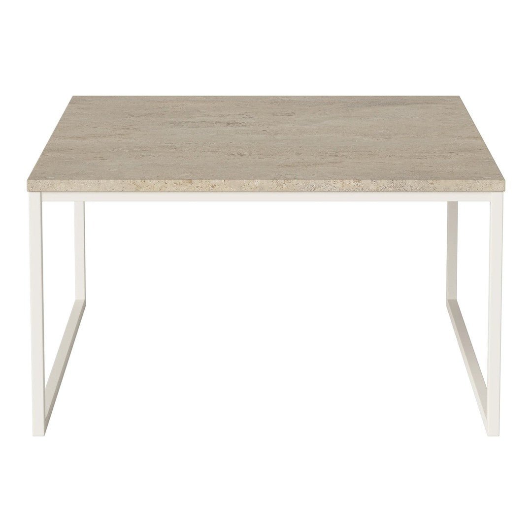 Light beige tabletop with a smooth finish and white metal legs, featuring a minimalist design ideal for modern decor.