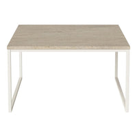 Light beige tabletop with a smooth finish and white metal legs, featuring a minimalist design ideal for modern decor.