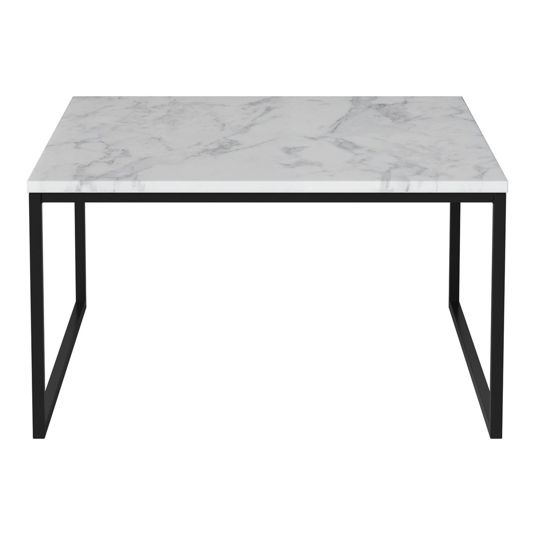 Marble-patterned white tabletop with sleek black metal legs, modern minimalistic design for versatile decor.