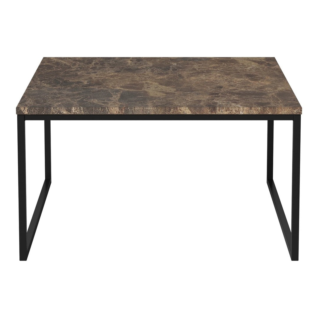 Brown marbled tabletop with black metal legs, modern design suitable for any contemporary space.