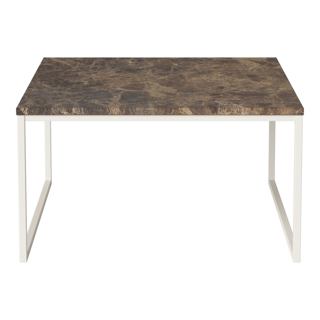 Stylish table with a rich brown marble-patterned top and sleek white metal legs, perfect for modern decor.
