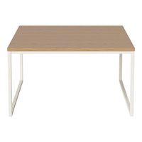 Natural wood tabletop with a light oak finish and sleek white metal legs, minimalist design for modern decor.