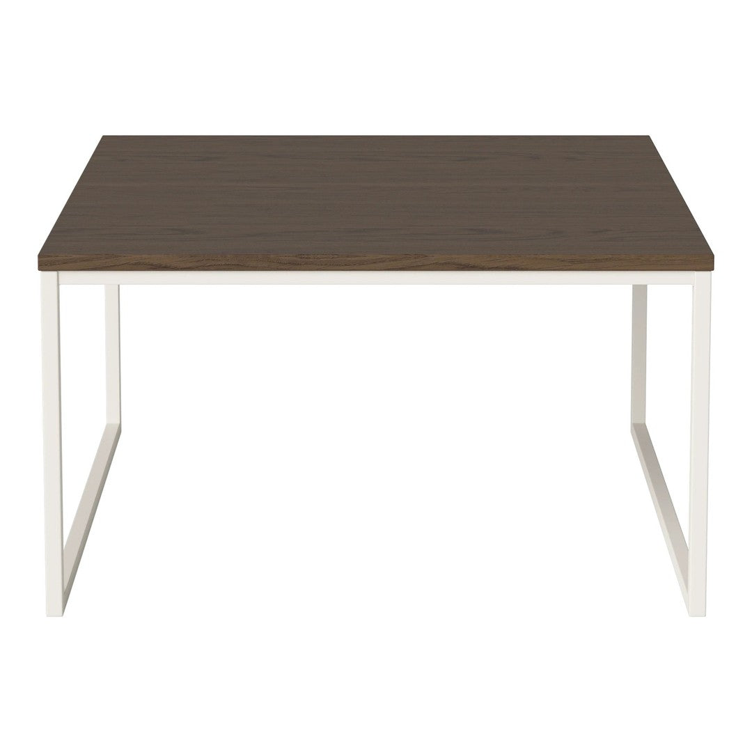 Square table with a rich brown wood top and sleek white metal legs, featuring a modern, minimalist design.