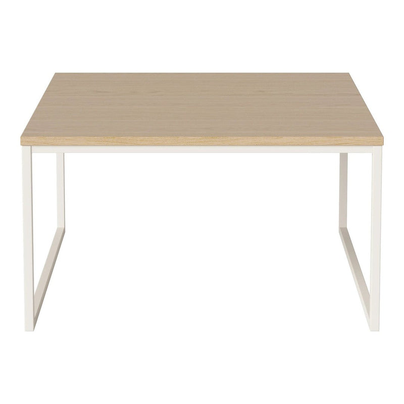 Light wood tabletop with a smooth finish and white metal legs, simple and modern design with no patterns.
