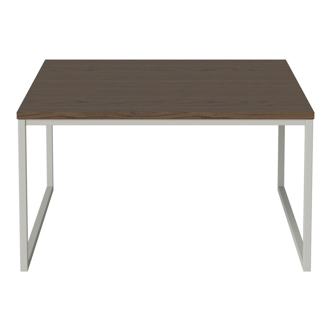 Brown wood tabletop with a smooth finish, complemented by sleek white metal legs in a modern design.