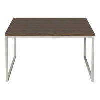Brown wood tabletop with a smooth finish, complemented by sleek white metal legs in a modern design.
