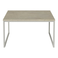 Gray concrete tabletop with a smooth finish, complemented by a sleek white metal frame. Modern minimalist design.