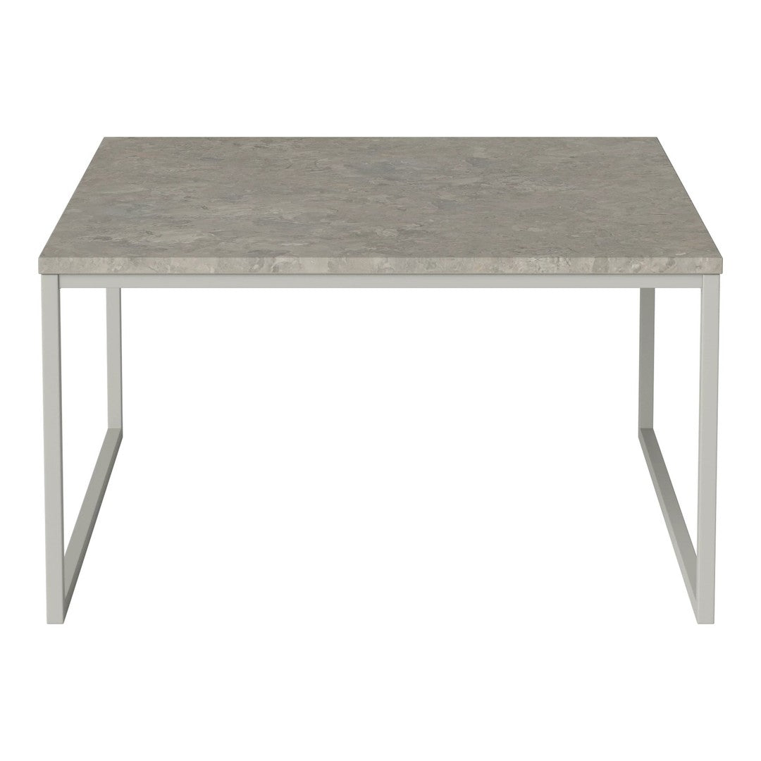 Gray marble tabletop with subtle veining, supported by a sleek, minimalist metal base in brushed silver.