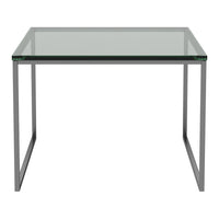 Modern clear glass table with sleek silver metal frame, showcasing minimalist design and contemporary style.