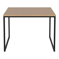 Light wood tabletop with natural grain pattern, paired with sleek black metal legs in a minimalist design.