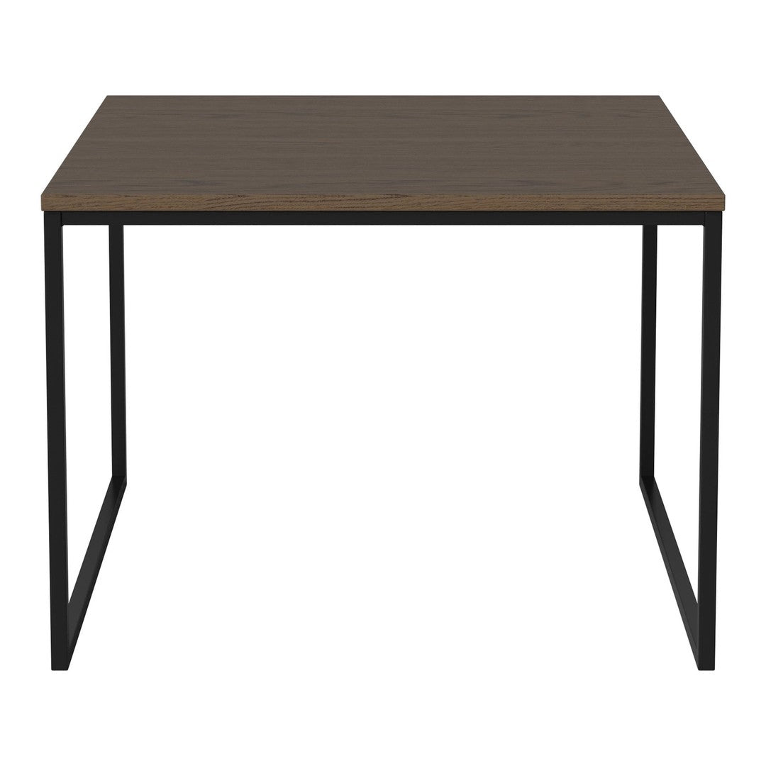 Brown wood tabletop with black metal legs, featuring a sleek, modern design and a minimalist square shape.