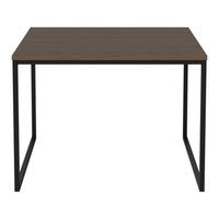Brown wood tabletop with black metal legs, featuring a sleek, modern design and a minimalist square shape.