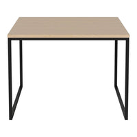 "Minimalist square table featuring a light wood top and black metal frame."