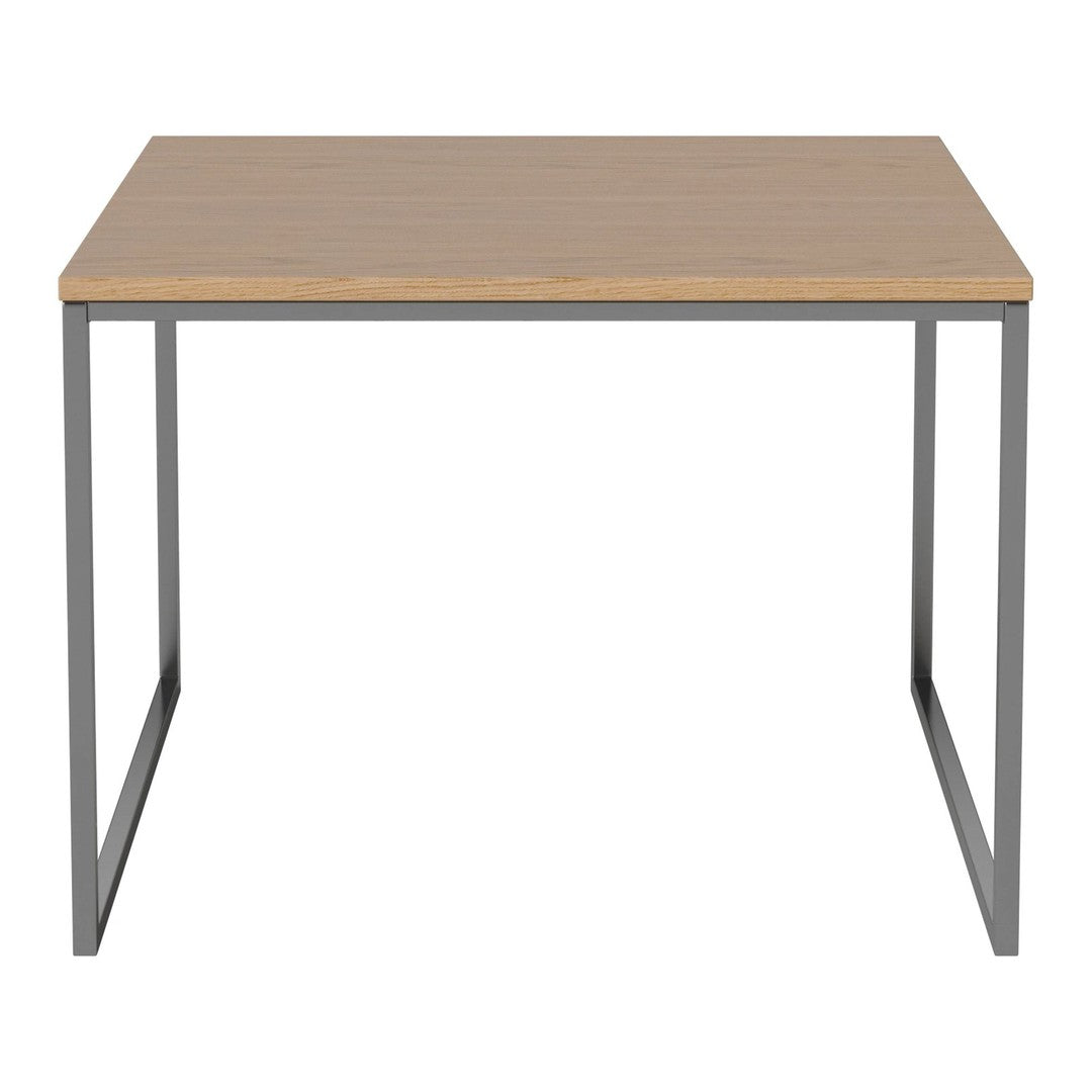 Light wood tabletop with a natural grain pattern, supported by sleek gray metal legs. Modern and minimalist design.