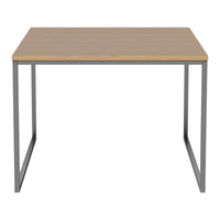 Light wood tabletop with a natural grain pattern, supported by sleek gray metal legs. Modern and minimalist design.