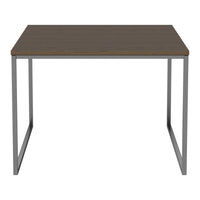 Square brown wooden tabletop with a sleek gray metal frame, featuring a modern and minimalistic design.