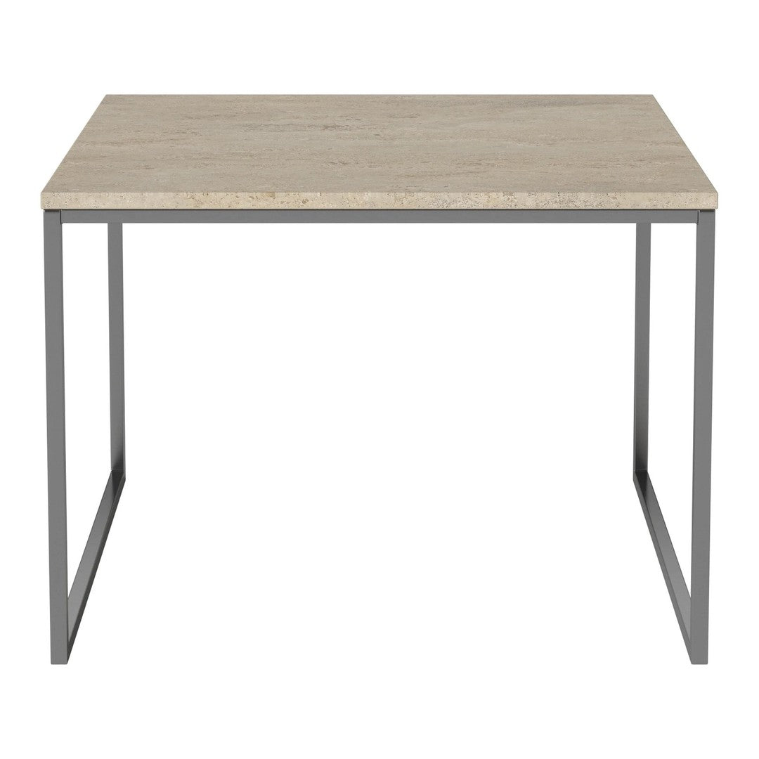 Light wood tabletop with a smooth finish, complemented by sleek gray metal legs. Modern, minimalist design.