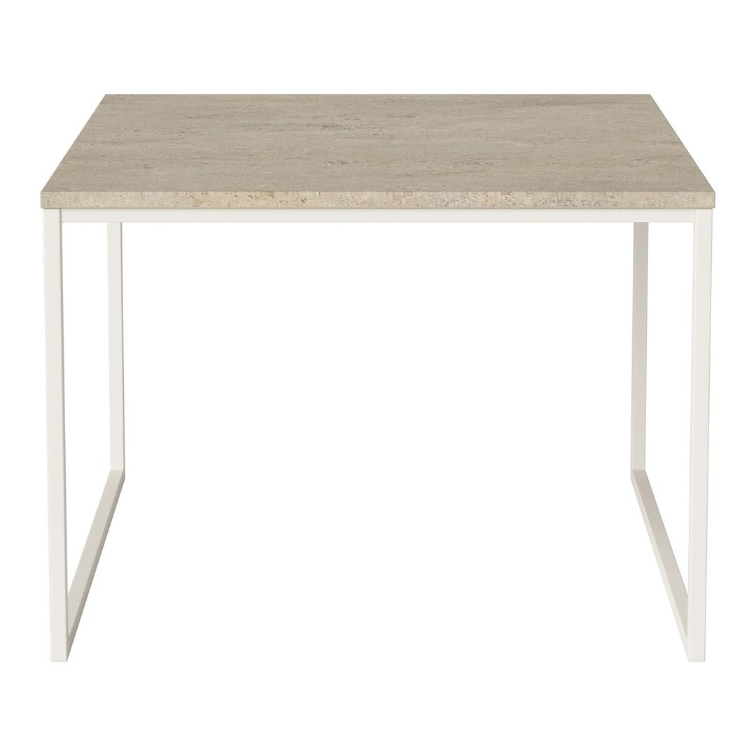 Light beige tabletop with subtle texture, supported by a sleek white metal frame. Simple and modern design.