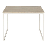 Light beige tabletop with subtle texture, supported by a sleek white metal frame. Simple and modern design.