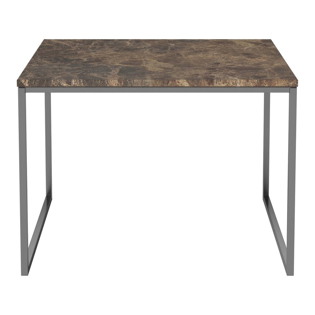 Rectangular table with a dark marble-patterned top and a sleek gray metal frame.