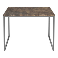 Rectangular table with a dark marble-patterned top and a sleek gray metal frame.